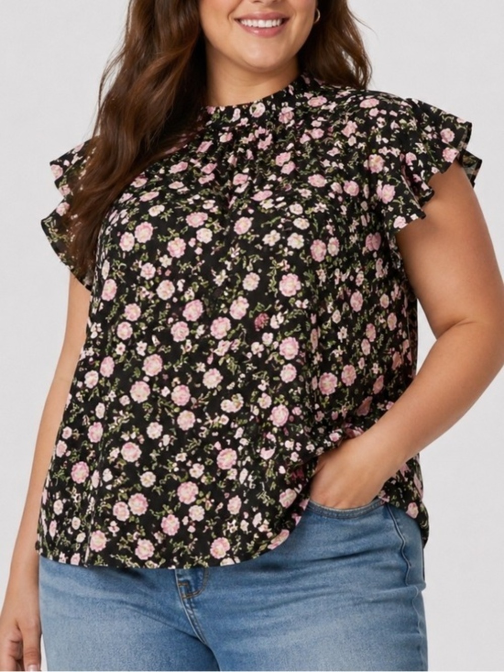 Who What Wear Floral Linen Blend Blouse Ruffle Sleeve Tie Neck Top 2X